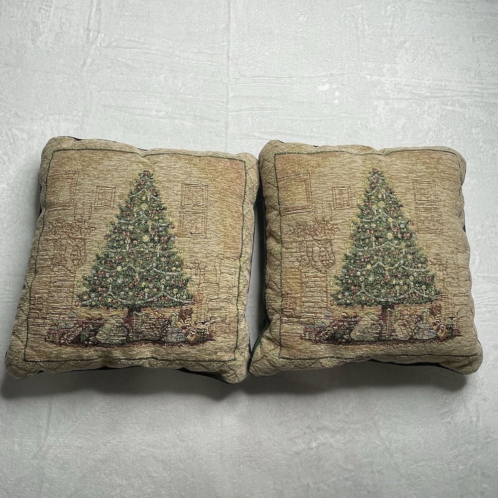 Christmas Tree Gold Green Tapestry Decor Holiday Pillow Set of 2 Unbranded 15x15